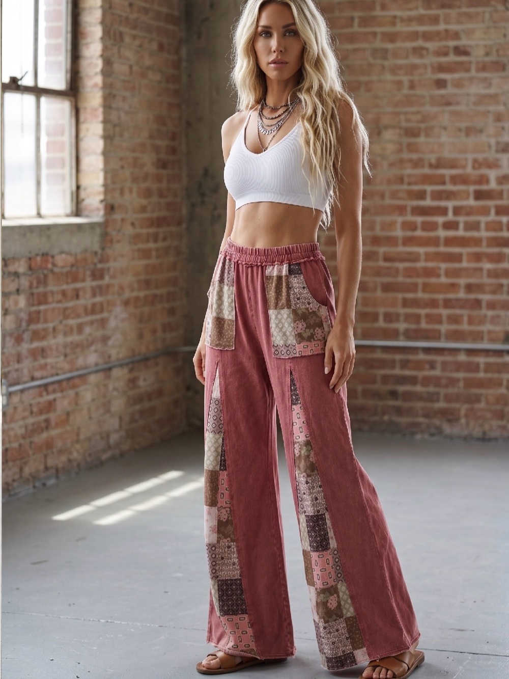 NWT J.Her Granny Tile Patchwork Boho Festival Wide Leg Flare Pants - Picture 3 of 7